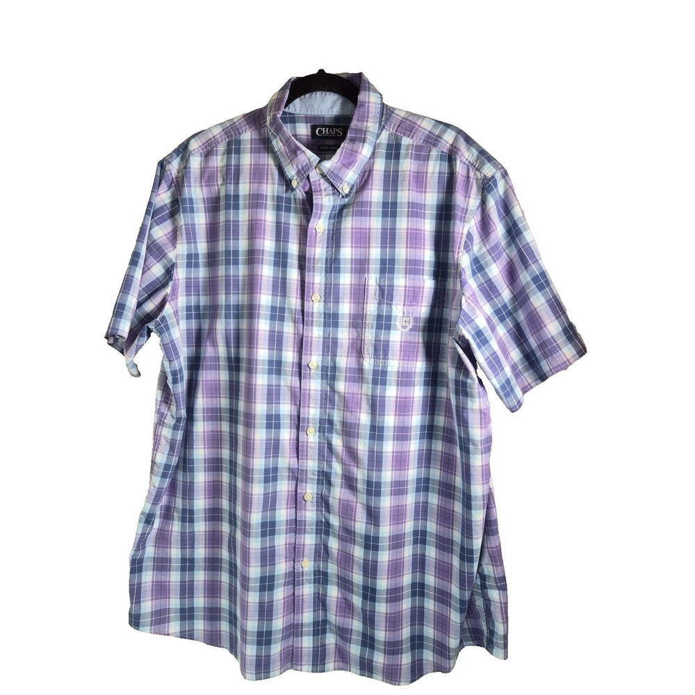 Chaps Mens XL Button Down Shirt Purple Plaid Short Sleeve Easy Care Casual Dress